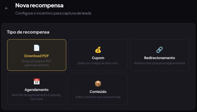 Tela de criação de recompensa